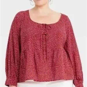 2/$35 Ava & Viv Balloon Sleeve Blouse Red Confetti Print